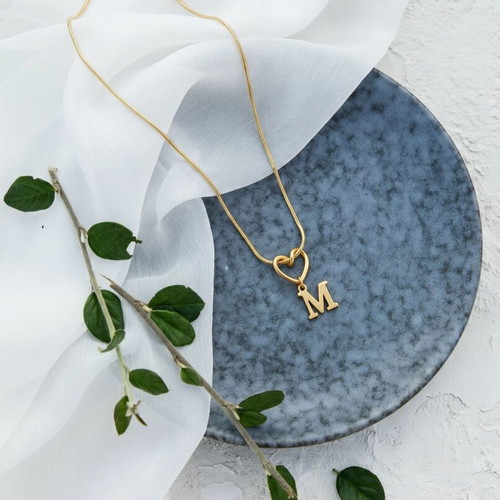 18K Gold Initial M Heart Necklace Stainless Steel New