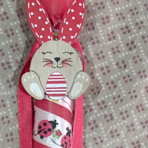 Handmade red candle like new with wooden bunny and ladybug ribbon 40 cm