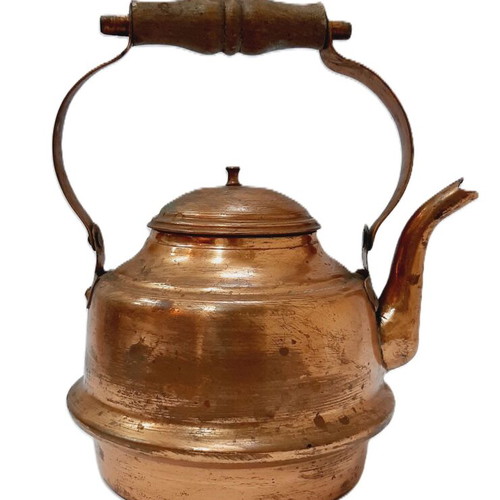 Vintage copper teapot used, 1980s, wooden handle