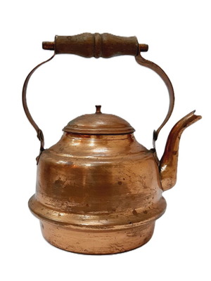 Vintage copper teapot used, 1980s, wooden handle