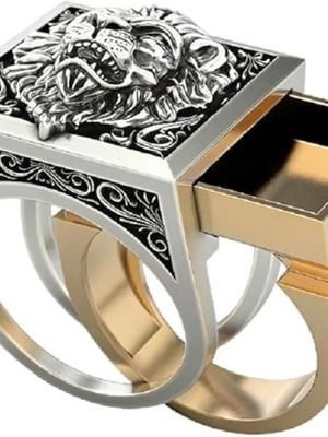 Men's Punk Ring with Double Bottom Lion New, Gold and Silver
