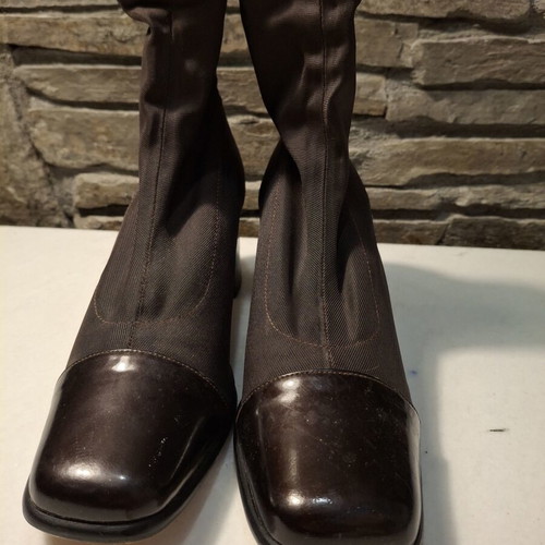 Women's sock boots size 37 brown like new with patent details and heel