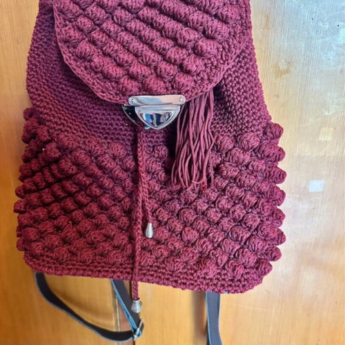 Handmade burgundy backpack like new with embossed bubbles knitting