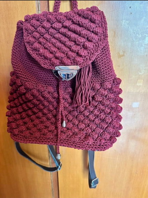 Handmade burgundy backpack like new with embossed bubbles knitting