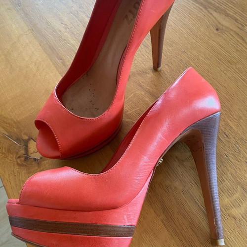 Schutz peep toe pumps used, coral color, size 41, wooden heel