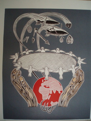 Peace 'A' Linoleum Print Panel new, 70x55 cm