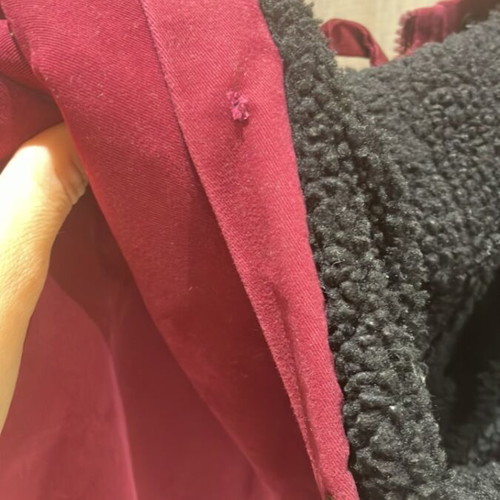 Burgundy jacket used, size small with wide fit, minor hood wear