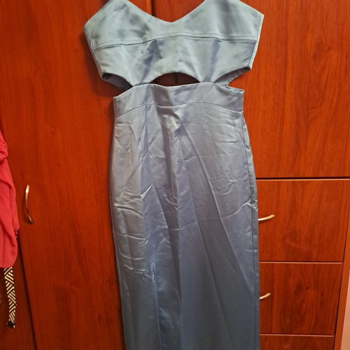 Mind Matter long dress with slit sky blue size small satin new