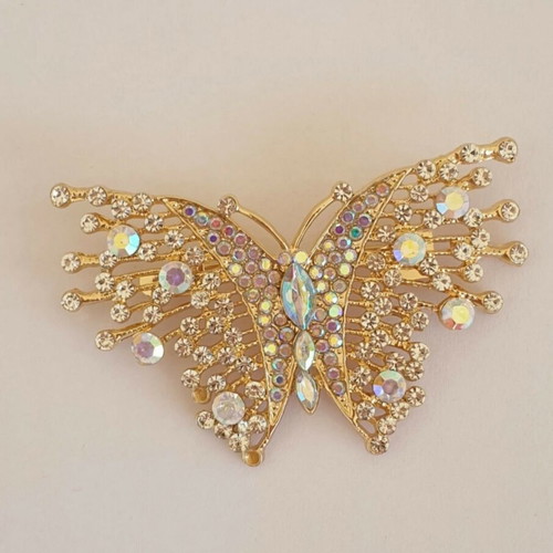 Vintage 70ies butterfly pin with sparkling zircon stones like new, gold color