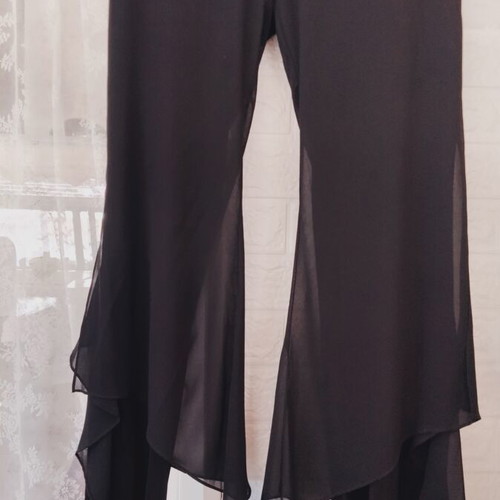 Black Latin Dance Flared Pants with Chiffon Ruffles, M/L