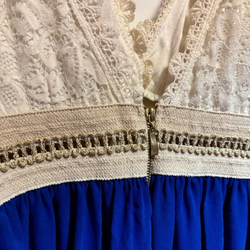 Anonima dress new, blue with beige lace, size Medium