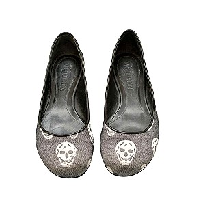 Alexander McQueen Gray Canvas Skulls Ballerinas Flat Shoes Rubber Soles size 40