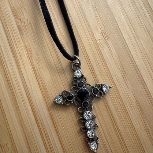 Carved vintage cross with rhinestones used and velvet strap