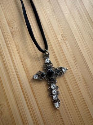 Carved vintage cross with rhinestones used and velvet strap