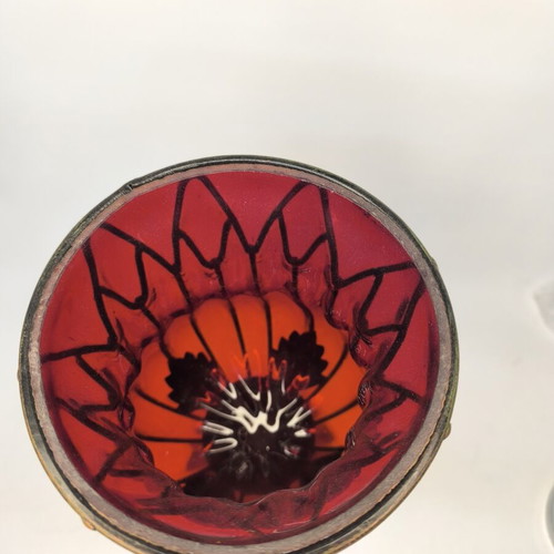 Handmade red glass vase candleholder with metal base and cage new