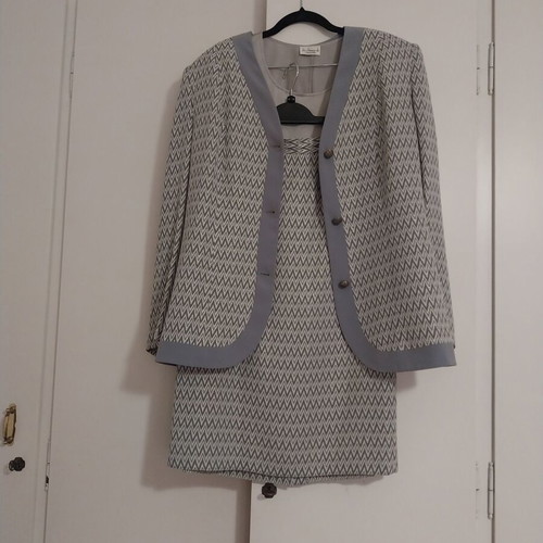 Suit set jacket, skirt and satin blouse like new, size Large, grey and silver