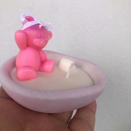 Handmade candle pink teddy bear on plate new