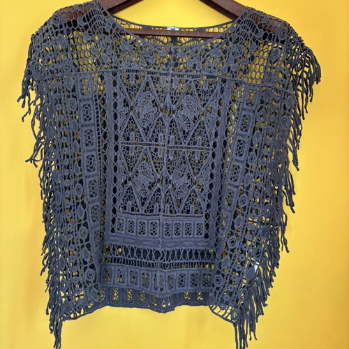 Boho Crochet Fringe Poncho Top, Khaki Lace Open Knit Tunic, Size S M