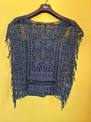 Boho Crochet Fringe Poncho Top, Khaki Lace Open Knit Tunic, Size S M