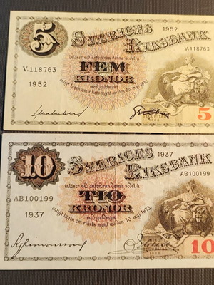 Χαρτονομίσματα Σουηδίας μεταχειρισμένα, σετ 2, 5 και 10 Kronor