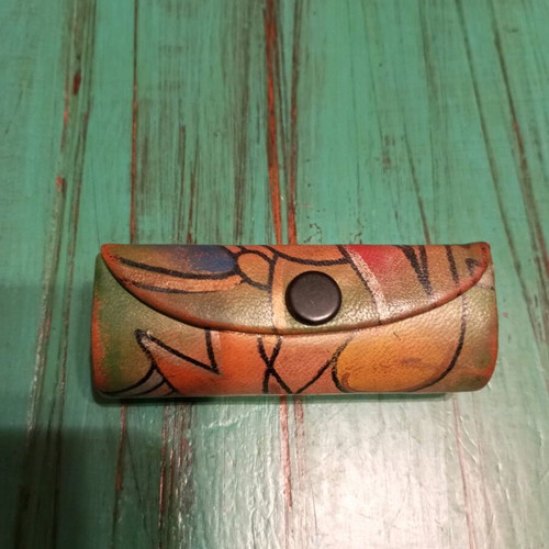 Leather lipstick case vintage, painted with mirror