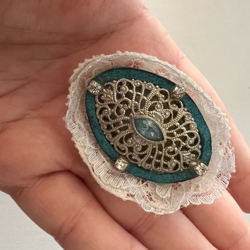 Handmade brooch vintage style with lace detail like new, turquoise and silver