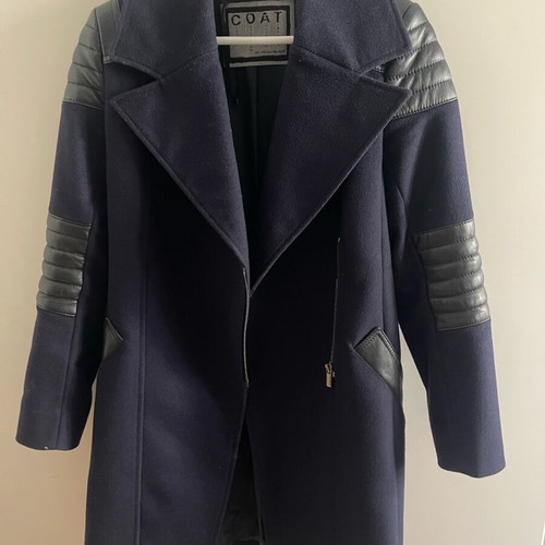 Pennyblack women's wool coat blue with black leather like new