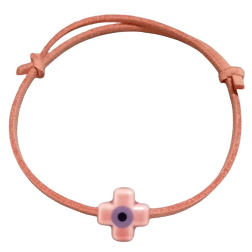 Set of 100 handmade baptism witness bracelets with suede cord and pink ceramic cross