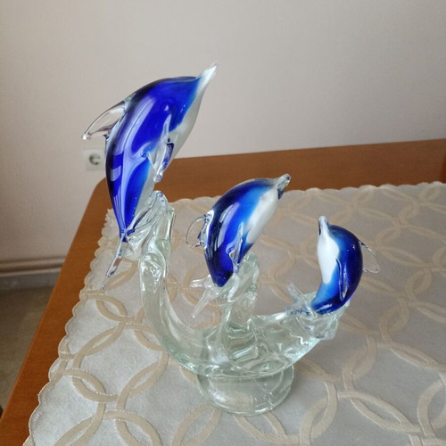 Glass decorative dolphins in blue shade like new