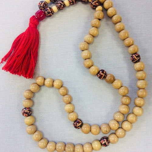 Handcrafted wooden mala with painted beads and red tassel like new