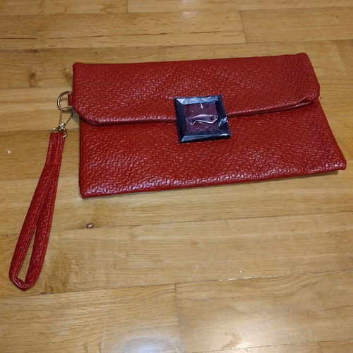 Vintage style red clutch unused with clasp and wrist strap