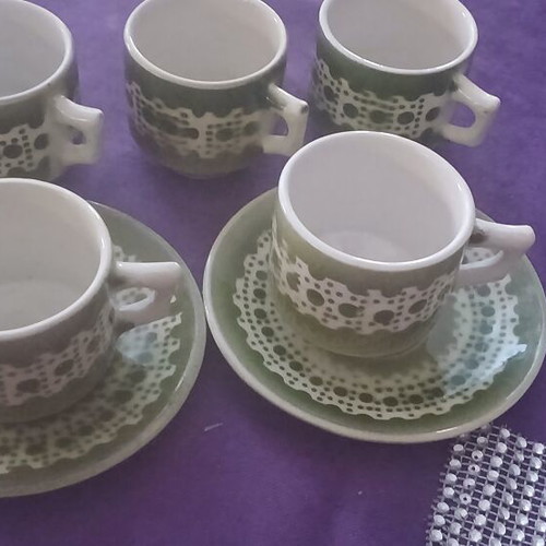 Greek coffee cups vintage, set of 6 cups and 2 saucers used