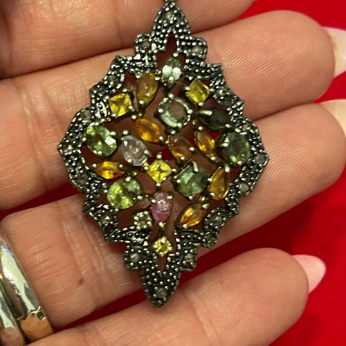 Pendant 925 silver gold 9K with diamonds and semi-precious stones used