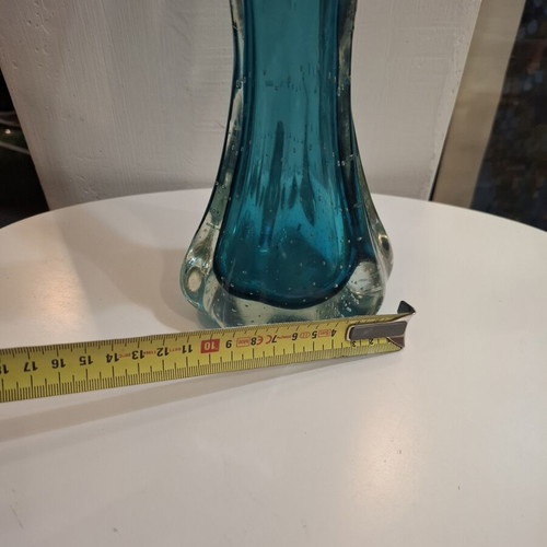 Teal Bubble Sommerso Seguso Murano glass vase used, 1970s Italy