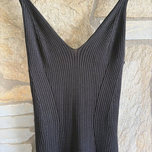 H&M Black Ribbed Lurex Midi Dress Scoop Neck fitted bodycon, like new