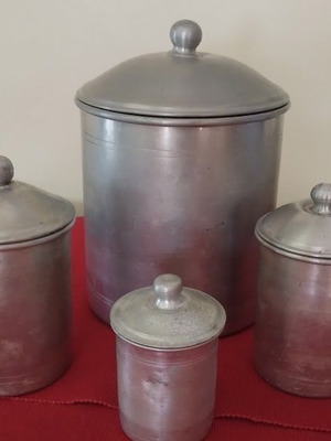 Aluminum storage containers used, set of four vintage decorative pieces