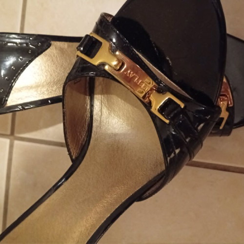 Replay black patent leather mules with gold buckle, size 39