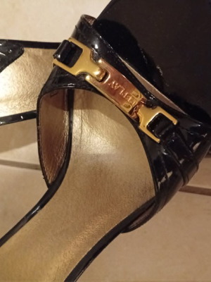 Replay black patent leather mules with gold buckle, size 39
