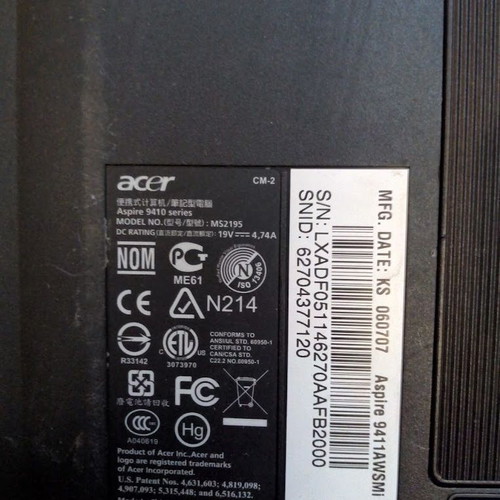 Acer Aspire 9410 Laptop used, screen missing, Core Duo NVIDIA
