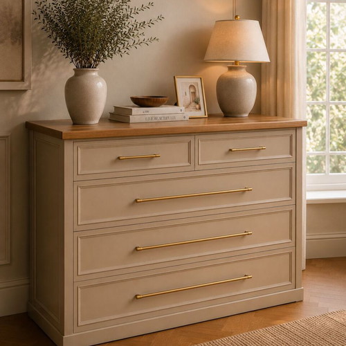 Chest of drawers linen beige with natural wood surface, like new