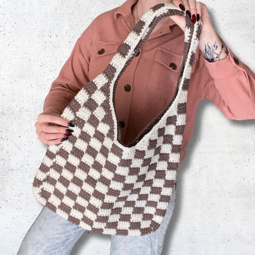 Handmade Checkered Bag | Brown & Beige | Tote bag | Shopper bag | Shoulder bag