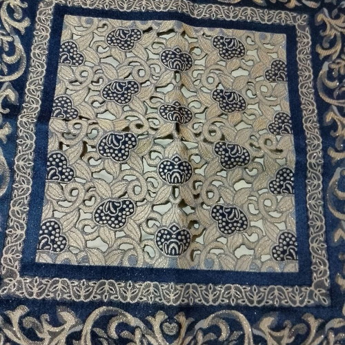Large blue and gold tablecloth with tassels like new