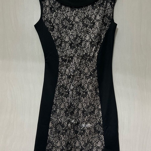 Evening dress knee-length black with sewn lace on champagne fabric like new