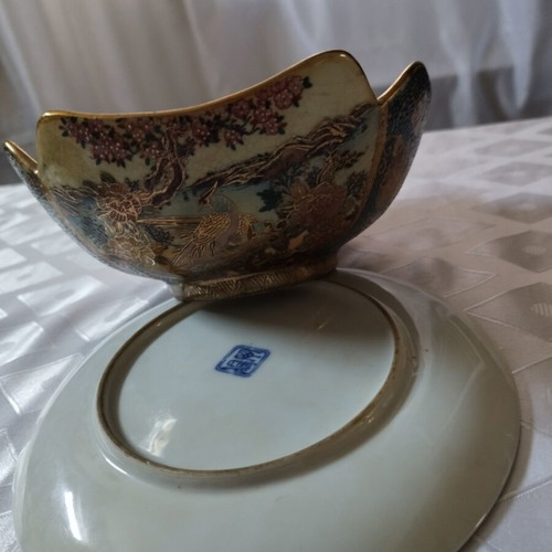 Vintage Satsuma square fondue pot 18cm with peacock and gold