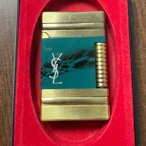 Yves Saint Laurent YSL vintage gold blue gas lighter with marbled finish and box used
