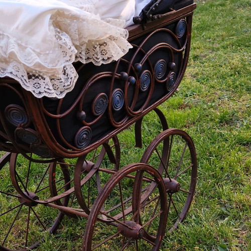 Antique collector rattan stroller set with porcelain doll used