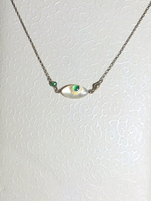 Silver 925° gold plated necklace with mother of pearl eye and green enamel new