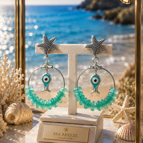 Handmade earrings with aventurine, metal star and enamel fish, silver color, new