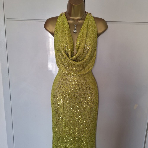 Mya dress new with tags size small lime green sequin with gold chain back