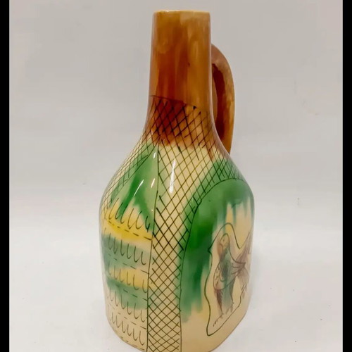 Ceramic Jug handpainted with Bird Brown Green 23 cm like new